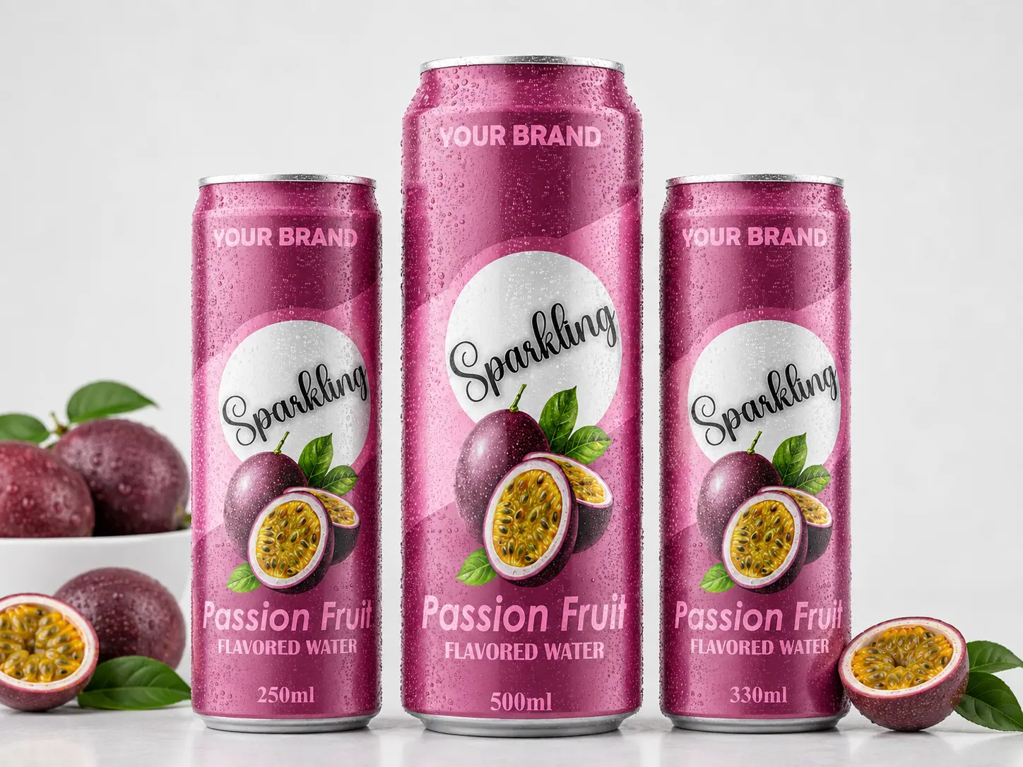 SPARKLING FLAVORED WATER Passion Fruit 250ml, 500ml and 330ml cans with fresh passion fruit.
